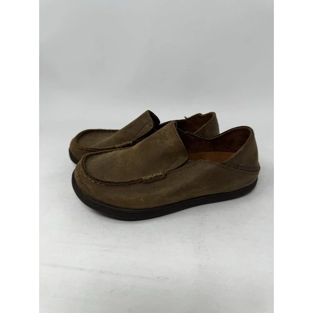 Olukai Moloa Boys Kids Size 1 B1 Leather Slip On Loafer Brown Shoes Moccasin